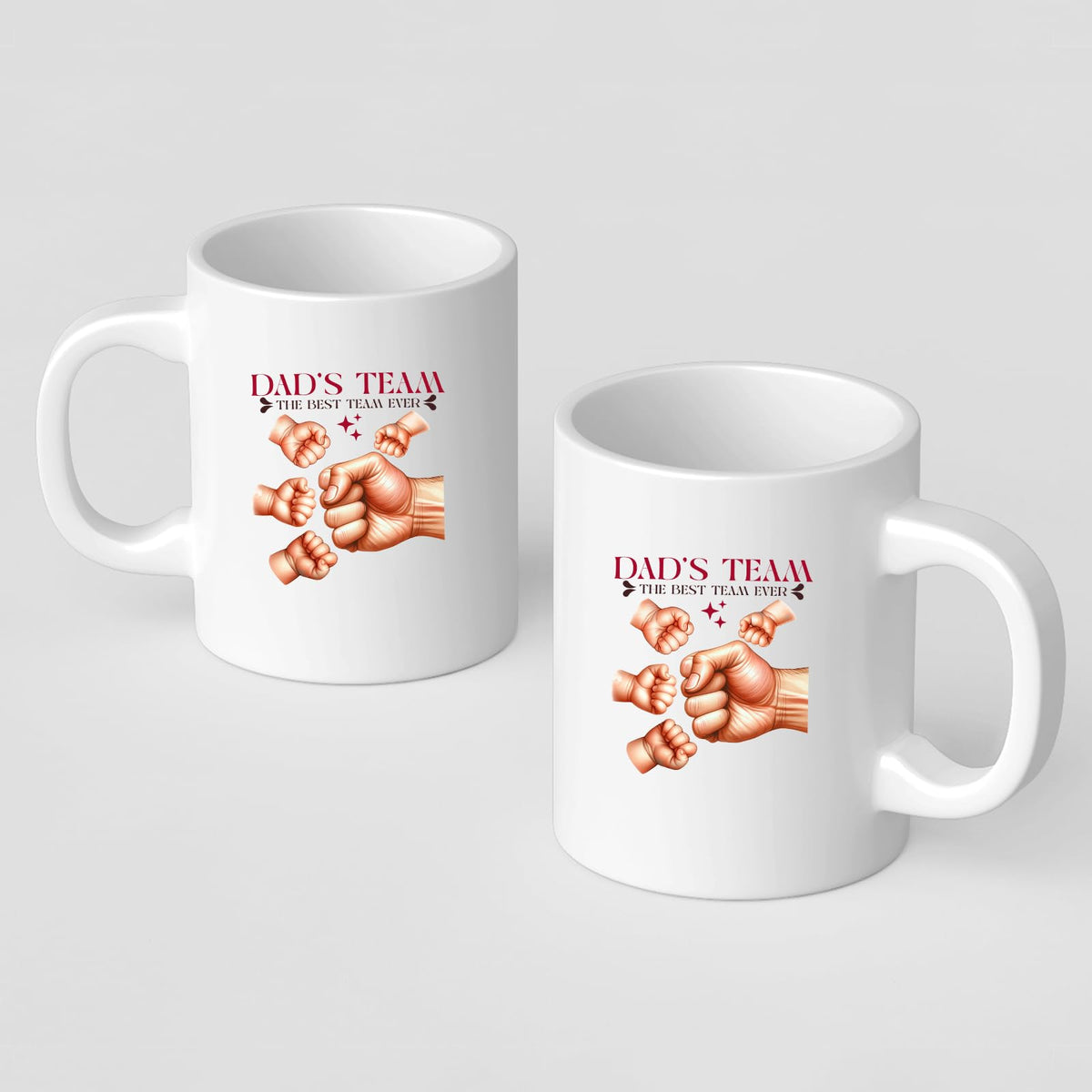 Front and back of the Dad’s Team fist bump mug