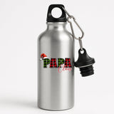Silver aluminium water bottle with “Papa” in red and green plaid with a Santa hat and “Claus” in script