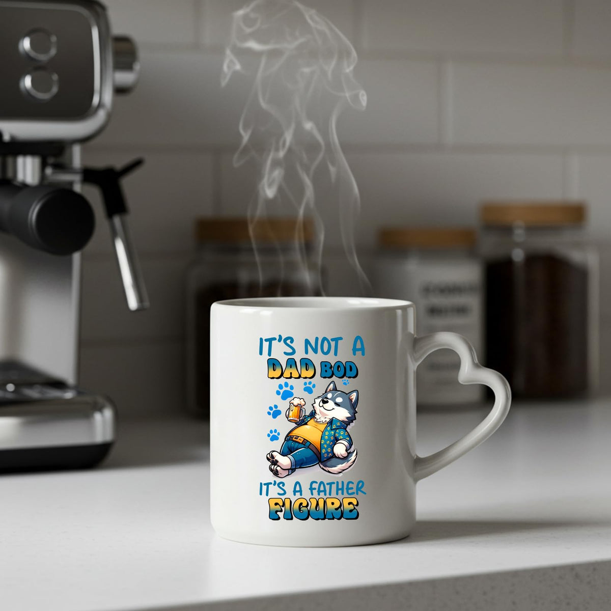 Steaming Dad Bod husky heart-handle mug on a kitchen counter