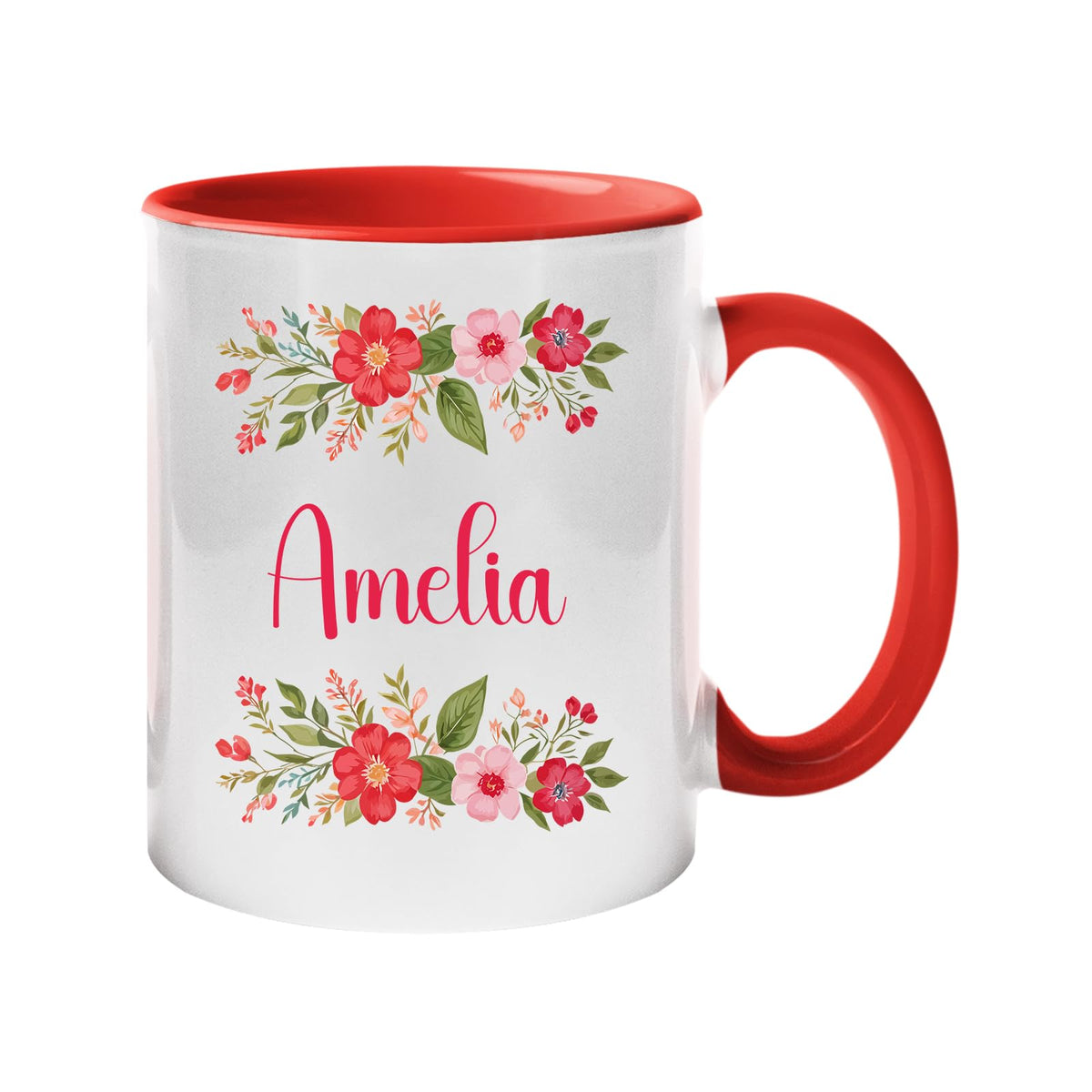 Red handle mug with a red flower border around an example name