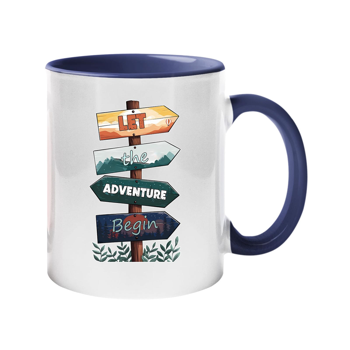 Colour handle mug with wooden signposts spelling out “Let the adventure begin” – dark blue handle and inside