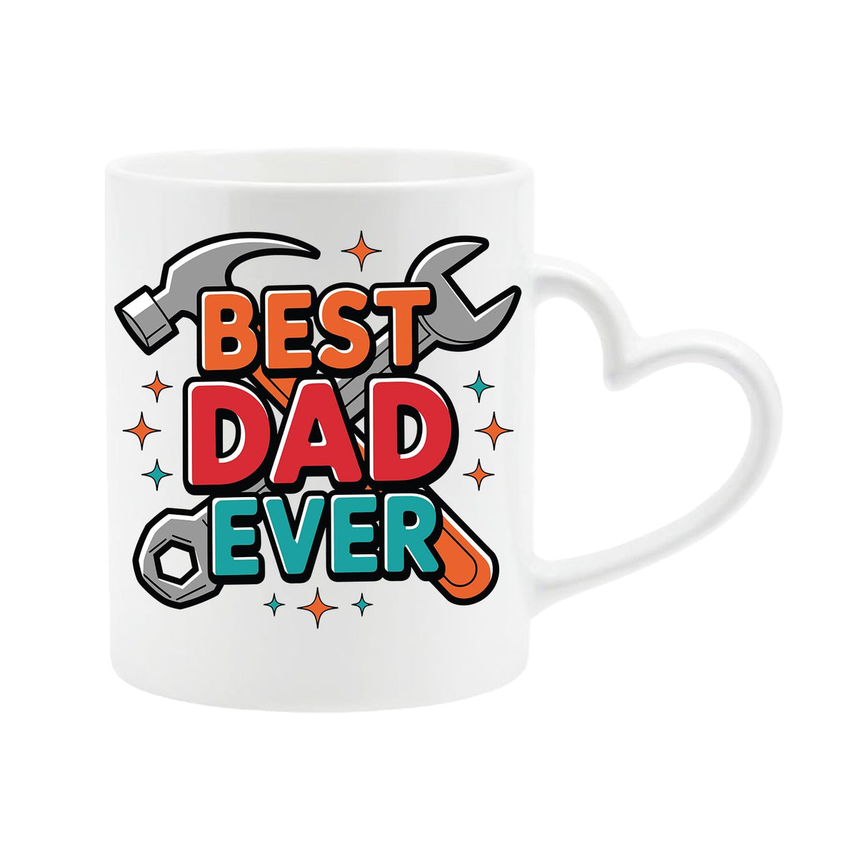 White heart-handle mug with “Best Dad Ever” framed by a hammer and spanner