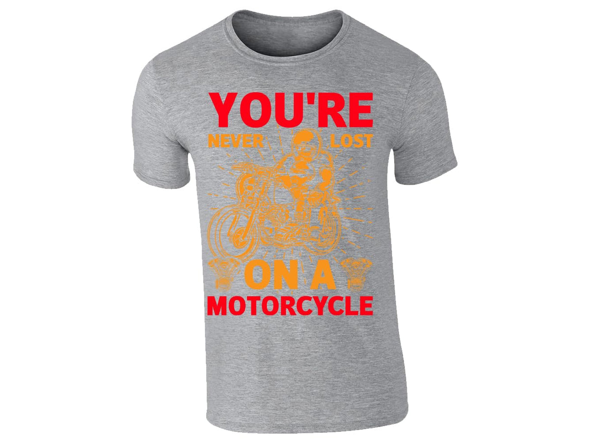 Heather Grey men's T-shirt with “You’re never lost on a motorcycle” rider design