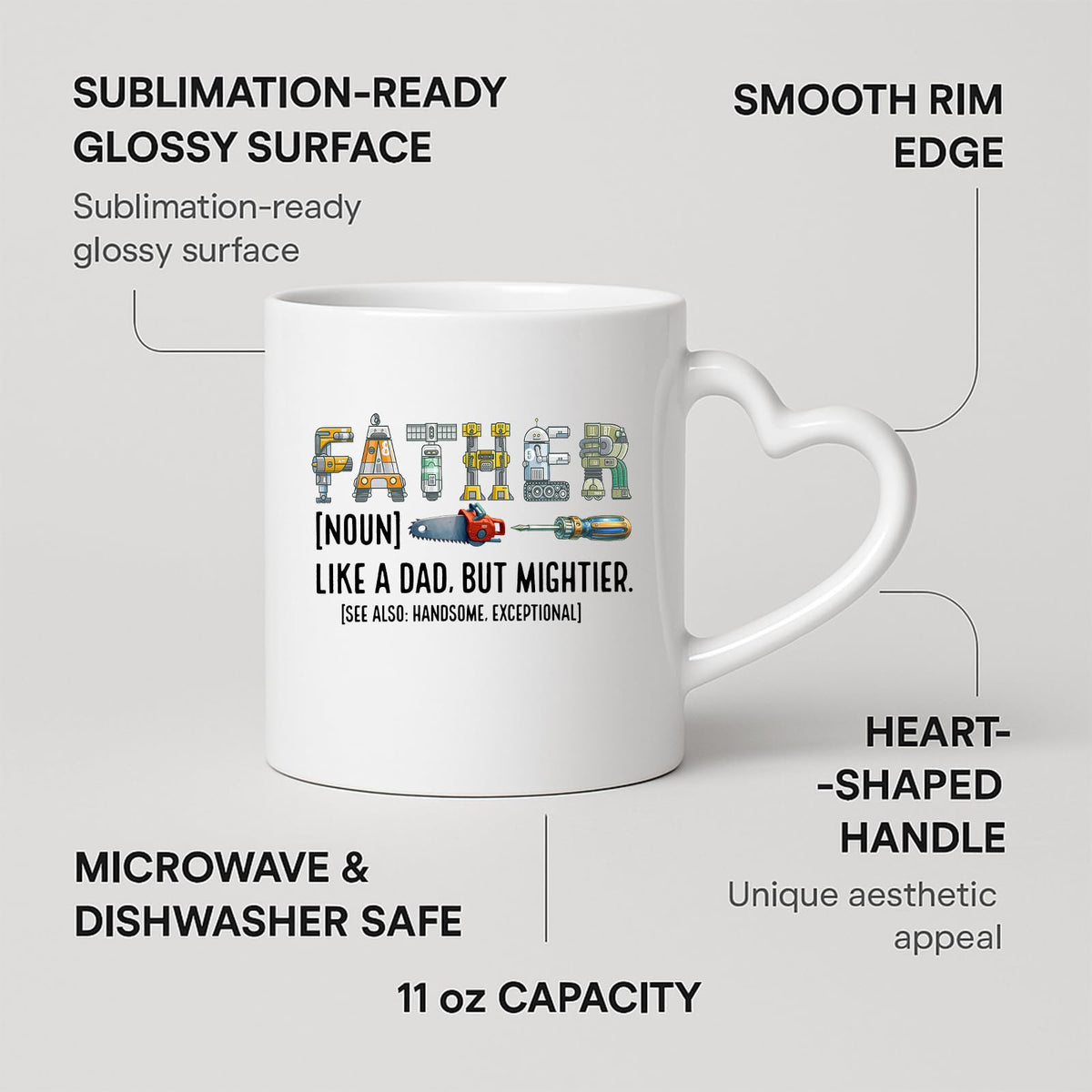 Heart-handle mug with labels for 11oz capacity, glossy surface and heart-shaped handle