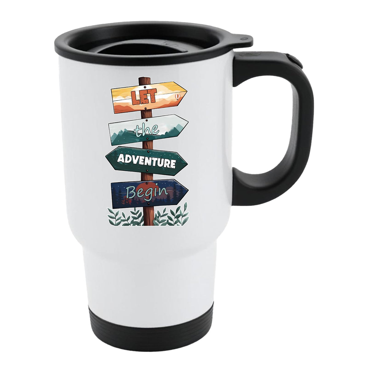White travel mug with black lid and wooden signposts spelling out “Let the adventure begin”