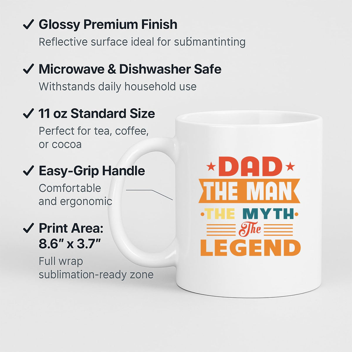 White mug with labels for 11oz size, glossy finish, easy-grip handle and print area