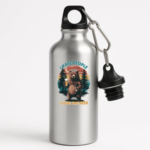 Silver aluminium water bottle with a bear holding a beer against a retro forest sunset with “I hate people, I love the beer”