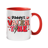 Colour handle mug with “Daddy’s Valentine” in patterned letters with hearts and a leopard lightning bolt – red handle and inside