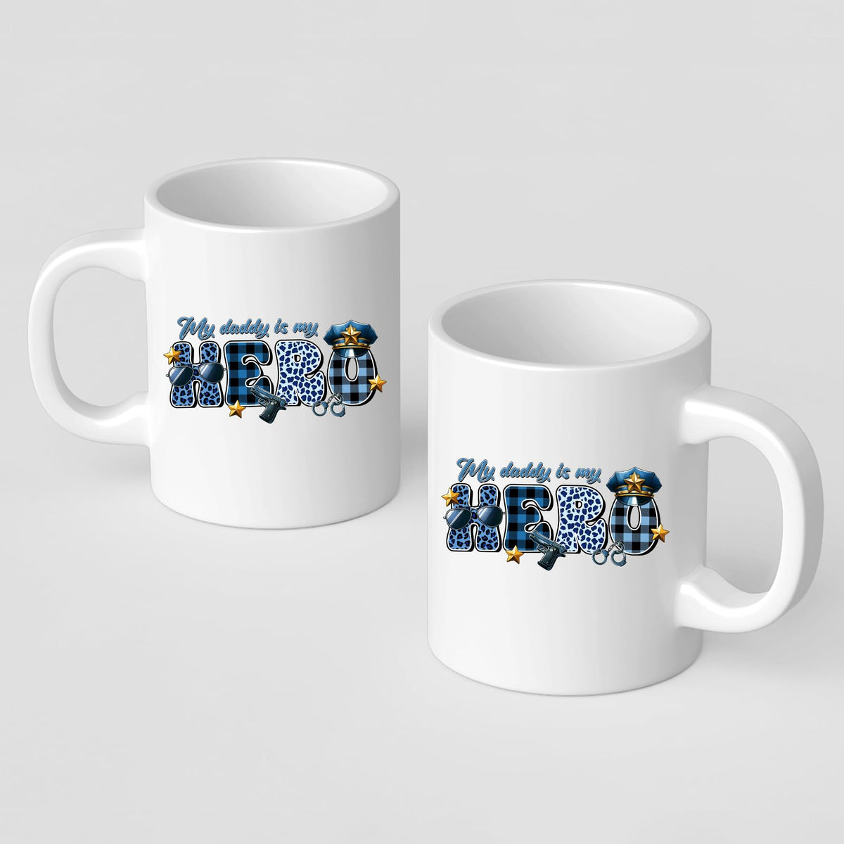Front and back of the My Daddy Is My Hero police mug