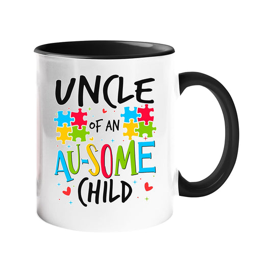 Colour handle mug with “Uncle of an AU-SOME child” with colourful puzzle pieces – black handle and inside
