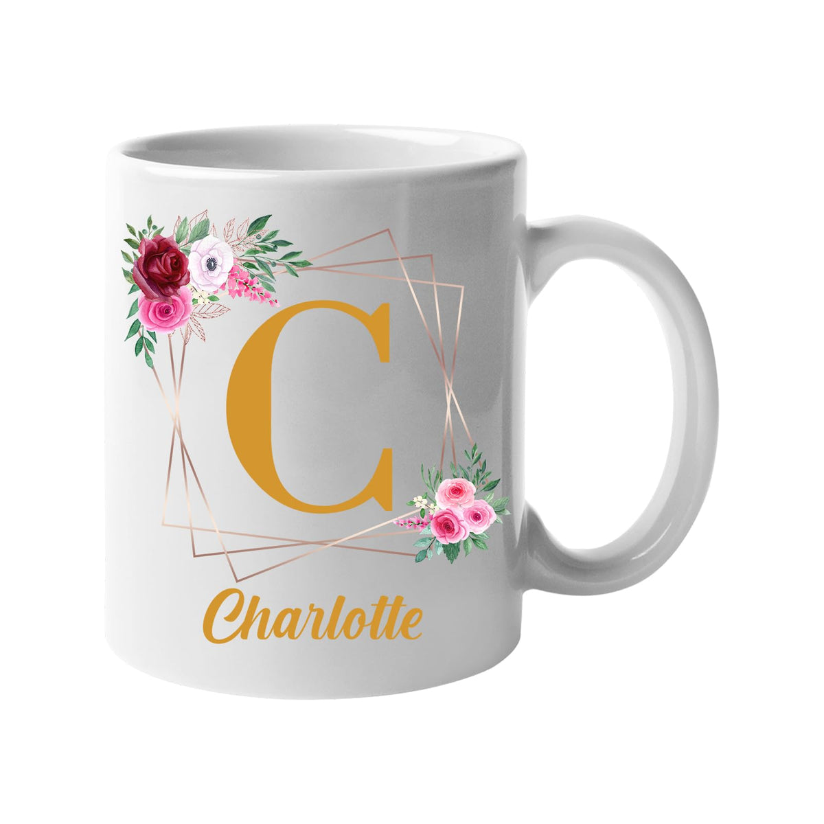 White mug with a gold initial in a floral frame and an example name
