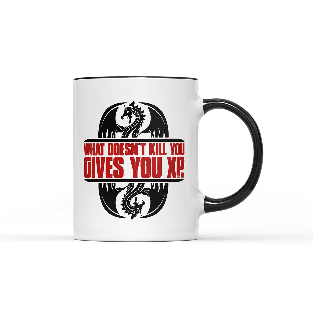 White mug with a black handle, dragons and “What doesn't kill you gives you XP”