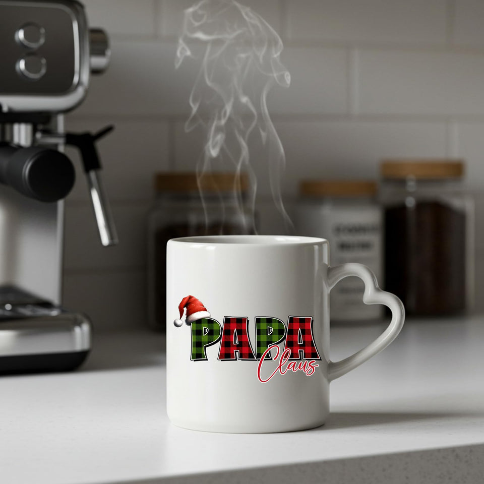 Steaming Papa Claus heart-handle mug on a kitchen counter