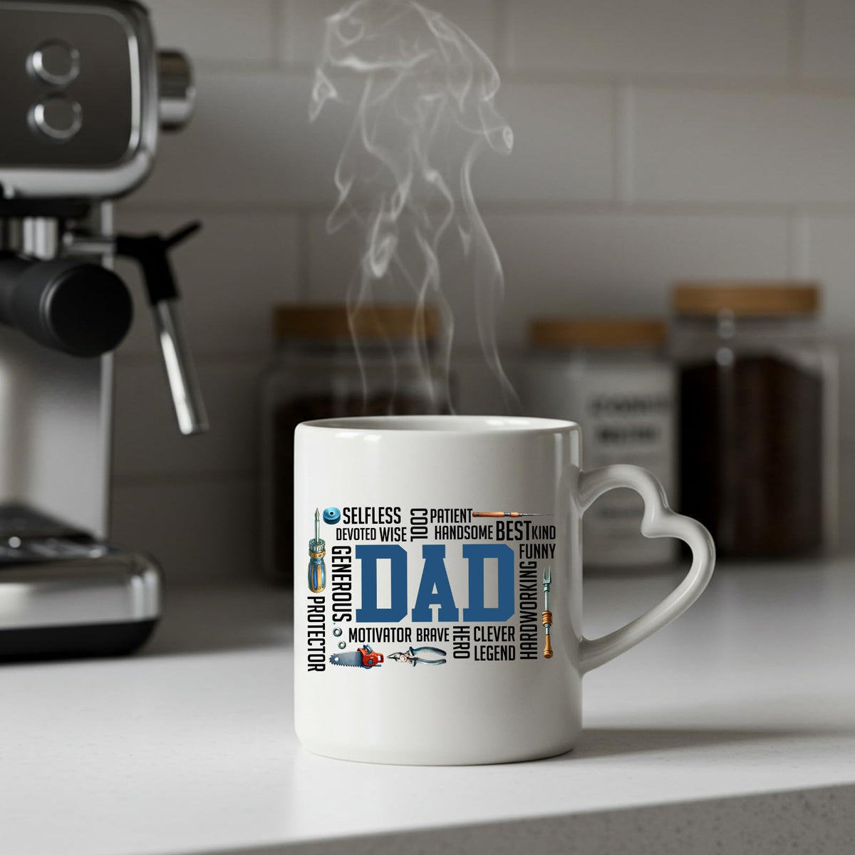 Steaming DAD word cloud heart-handle mug on a kitchen counter