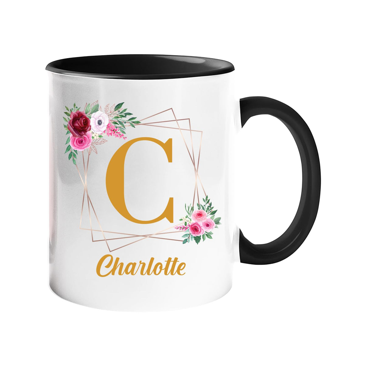 Colour handle mug with a gold initial in a floral frame and an example name, black handle and inside