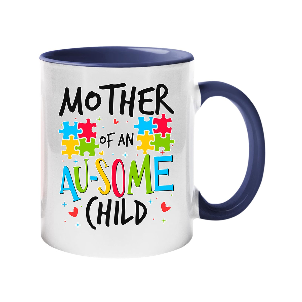 Colour handle mug with “Mother of an AU-SOME child” with colourful puzzle pieces – dark blue handle and inside