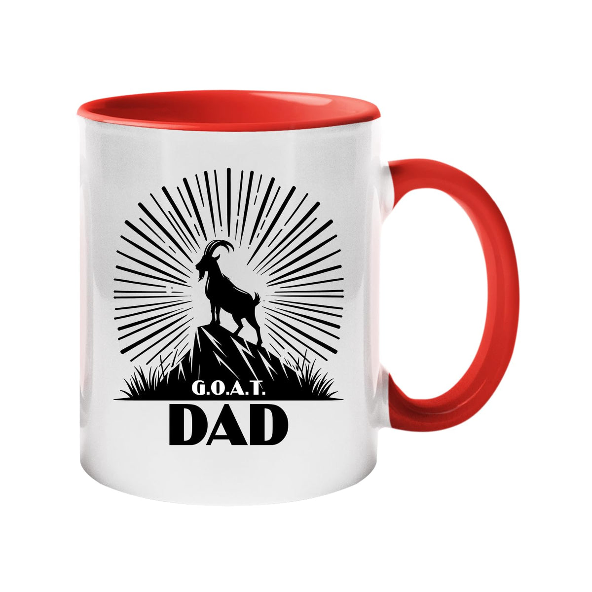 Colour handle mug with a mountain goat on a peak with a sunburst and “G.O.A.T. Dad” – red handle and inside