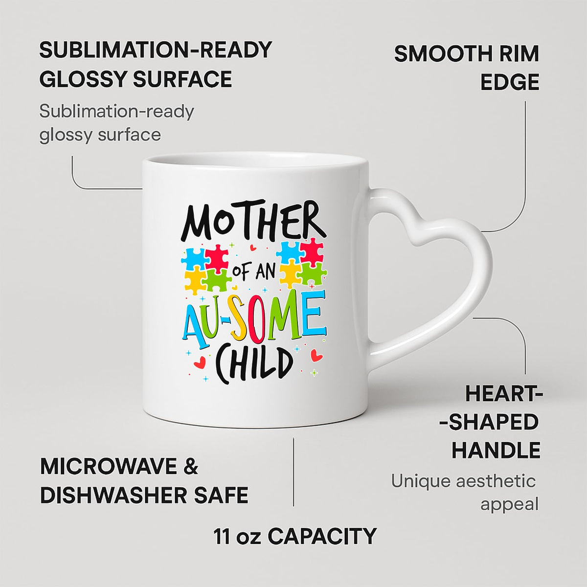 Heart-handle mug with labels for 11oz capacity, glossy surface and heart-shaped handle
