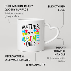 Mother of an Au-Some Child heart-handle mug on a marble counter with fruit