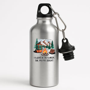 Silver aluminium water bottle with a campfire, backpack, boots and mountains with “I want to be where the people aren’t”