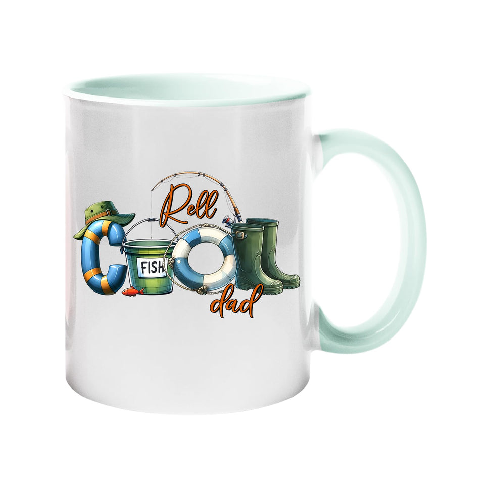Colour handle mug with “Reel COOL Dad” spelled out with a bucket hat, bait tin, float and wellies – lime handle and inside