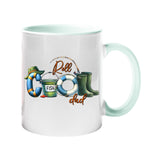 Colour handle mug with “Reel COOL Dad” spelled out with a bucket hat, bait tin, float and wellies – lime handle and inside