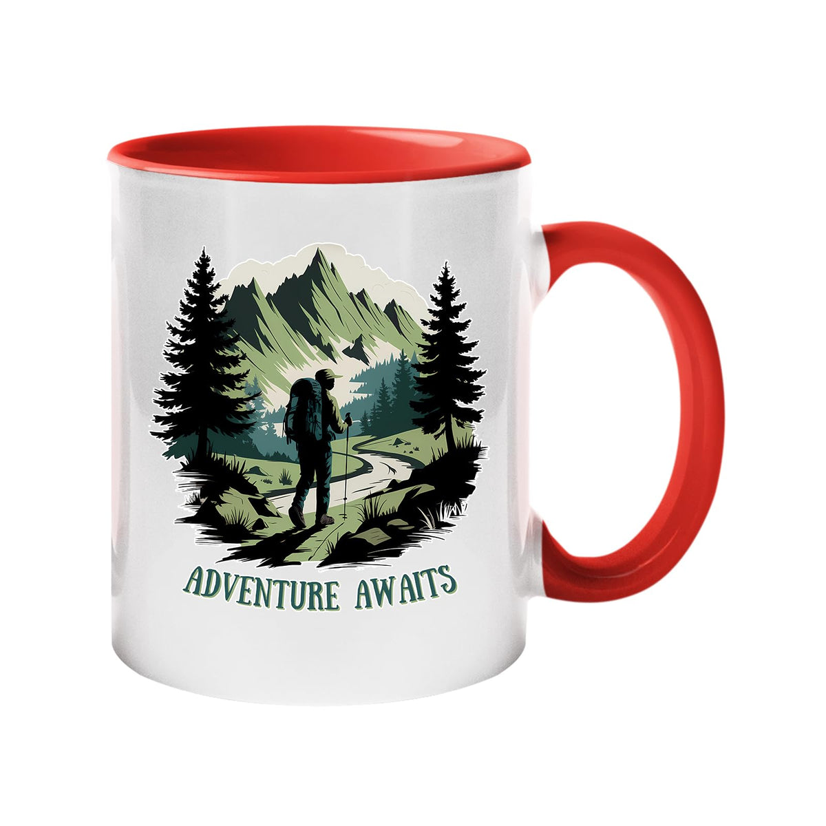 Colour handle mug with a hiker on a mountain trail between pine trees with “Adventure awaits” – red handle and inside