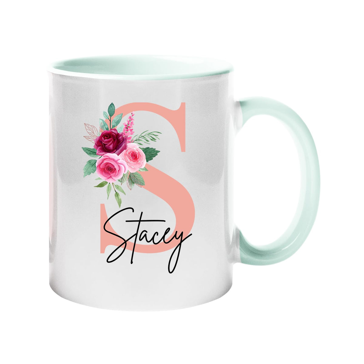 Lime handle mug with a blush pink initial with roses and an example name