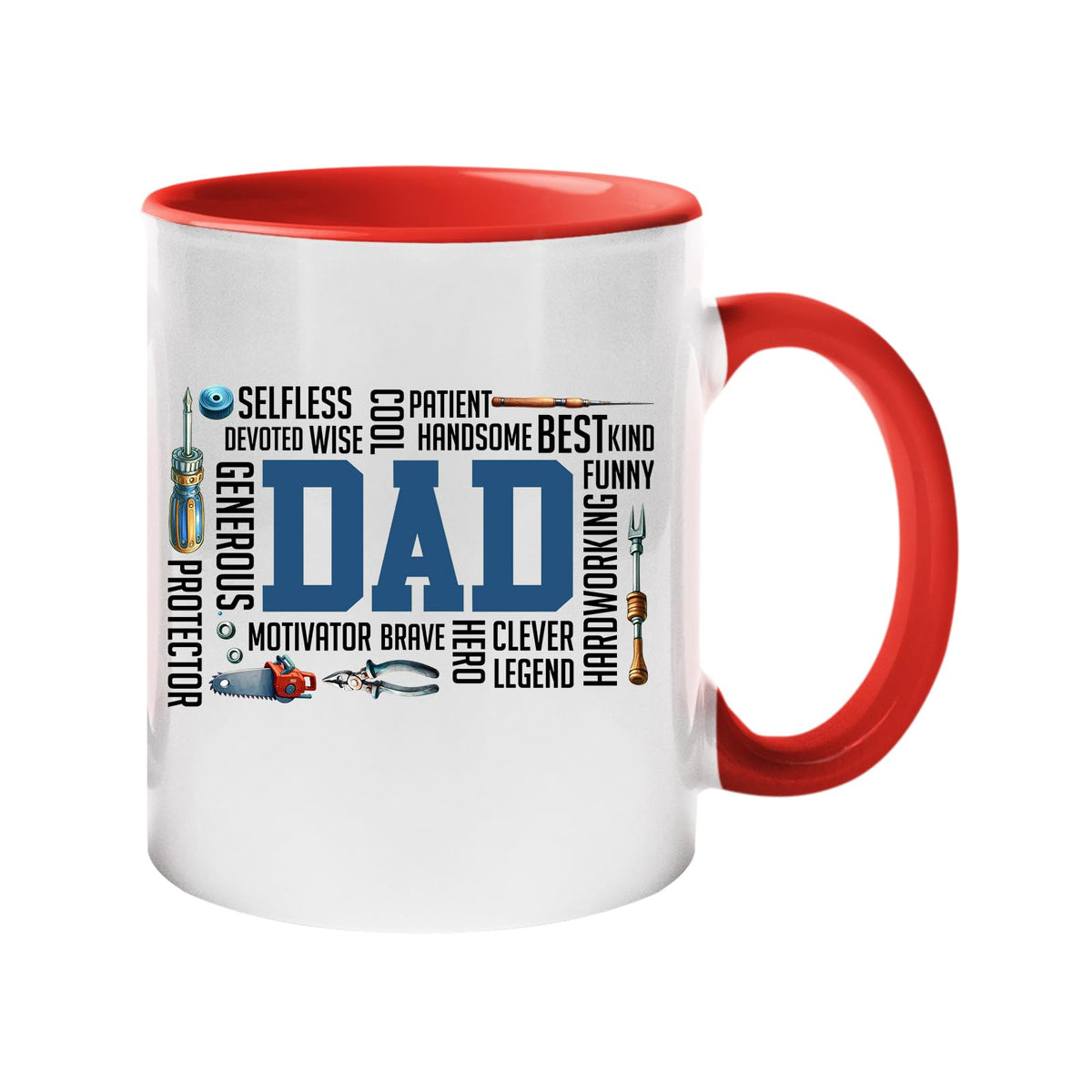 Colour handle mug with a big blue “DAD” surrounded by words like selfless, wise, funny, brave, hero and legend – red handle and inside