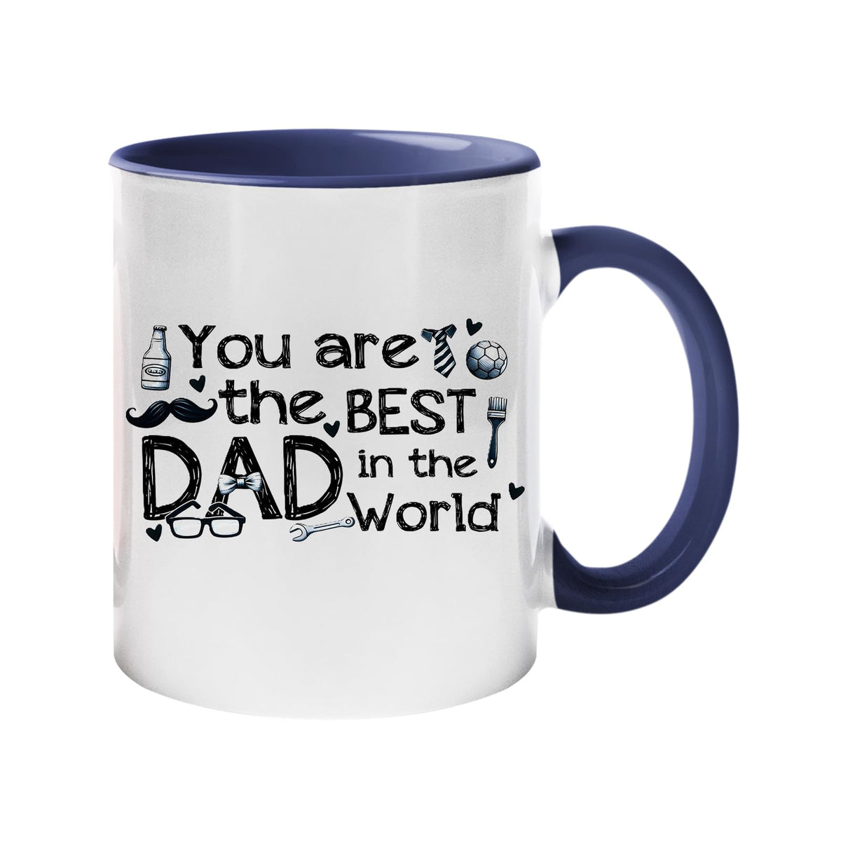 Colour handle mug with “You are the best Dad in the world” with hand-drawn dad icons – dark blue handle and inside