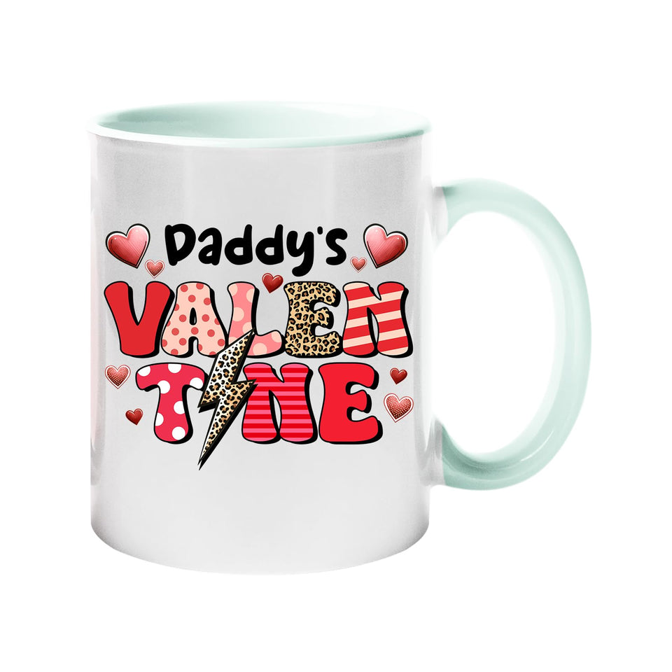 Colour handle mug with “Daddy’s Valentine” in patterned letters with hearts and a leopard lightning bolt – lime handle and inside