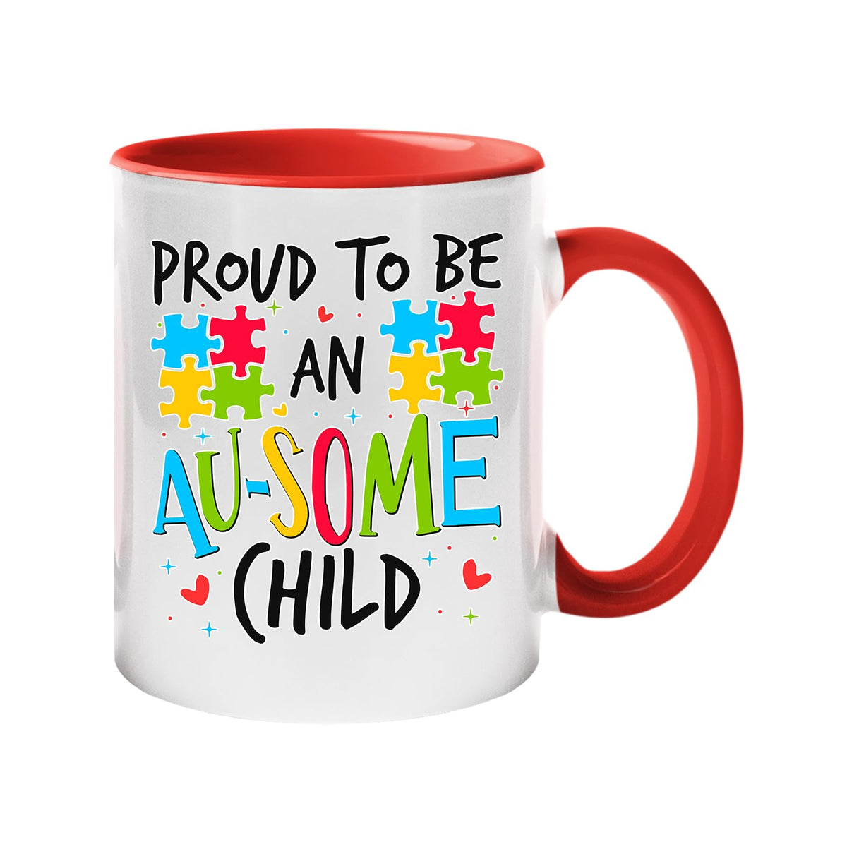 Colour handle mug with “Proud to be an AU-SOME child” with colourful puzzle pieces – red handle and inside