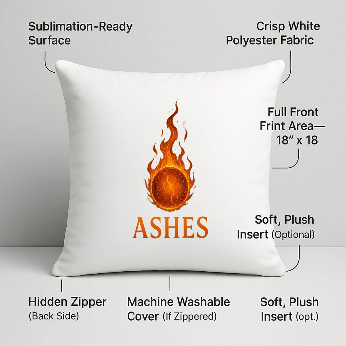 Ashes cushion with labels for 18 x 18 inch size, hidden zip and washable cover