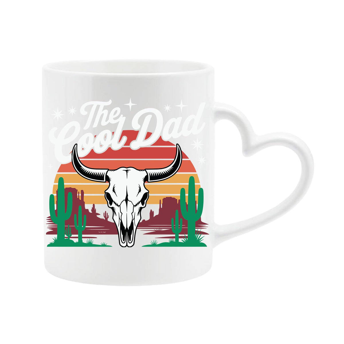 White heart-handle mug with a bull skull, cacti and a retro desert sunset with “The Cool Dad”