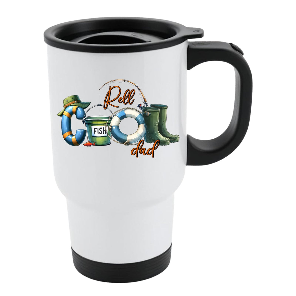White travel mug with black lid and “Reel COOL Dad” spelled out with a bucket hat, bait tin, float and wellies
