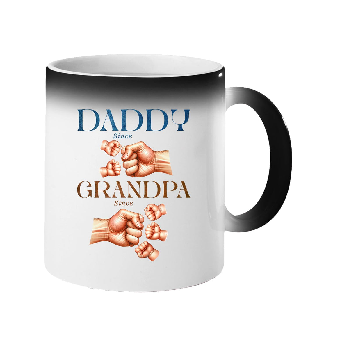 Colour changing mug revealing “Daddy since” and “Grandpa since” with generations of fist bumps