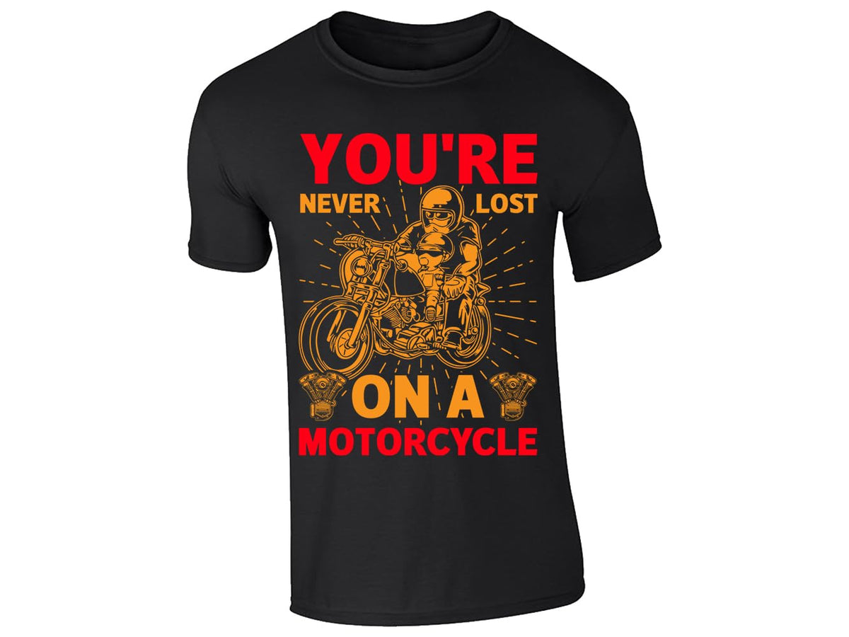 Black men's T-shirt with “You’re never lost on a motorcycle” rider design