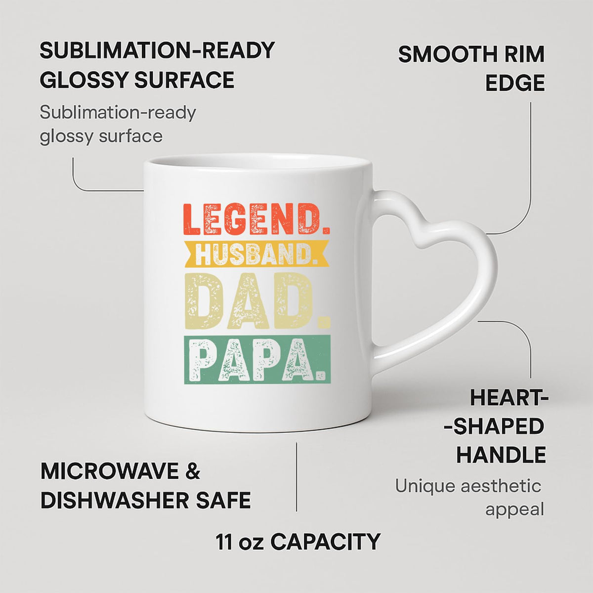 Heart-handle mug with labels for 11oz capacity, glossy surface and heart-shaped handle