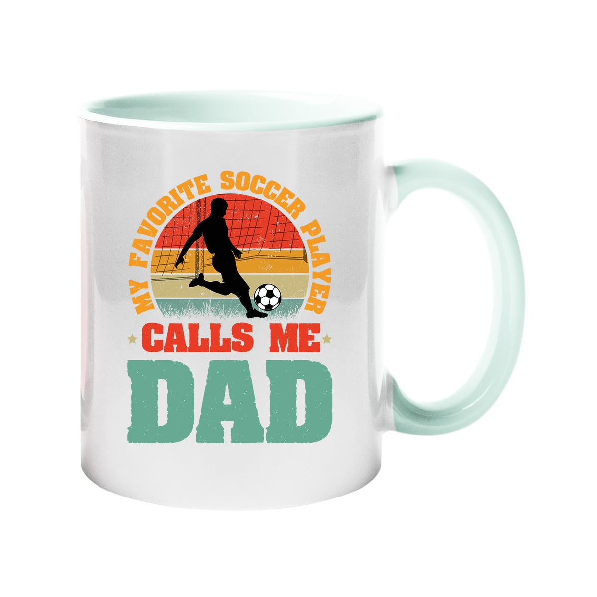 Colour handle mug with a footballer in silhouette on a retro sunset with “My favorite soccer player calls me Dad” – lime handle and inside