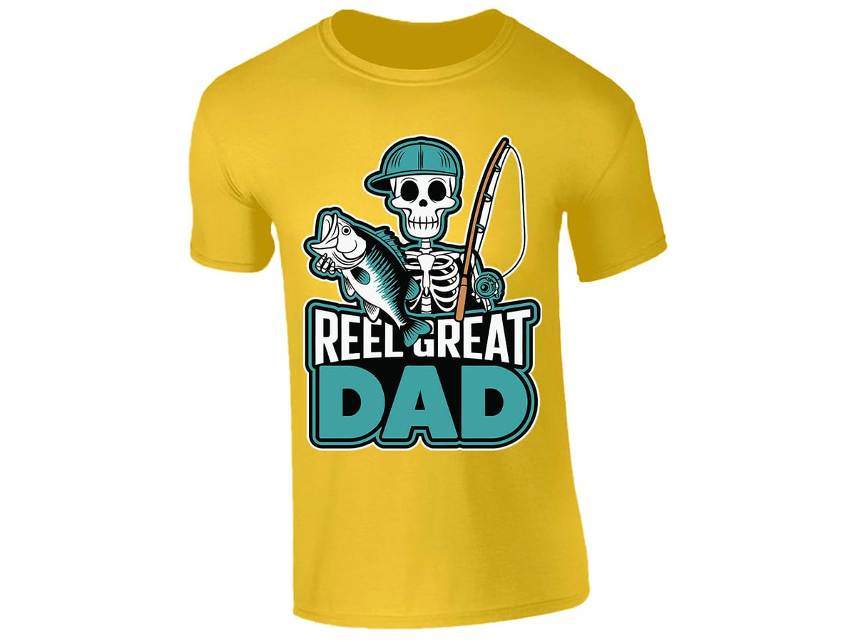 Yellow men's T-shirt with “Reel Great Dad” skeleton angler design