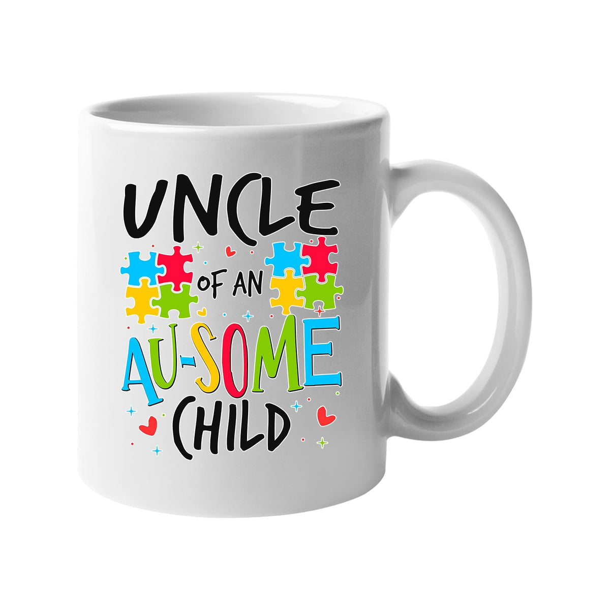 White mug with “Uncle of an AU-SOME child” with colourful puzzle pieces