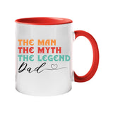 Colour handle mug with “The man, the myth, the legend” in retro colours signed “Dad” with a heart – red handle and inside