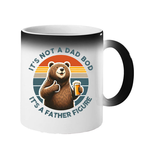 Colour changing mug revealing a thumbs-up bear with a beer on a retro sunset and “It’s not a dad bod, it’s a father figure”