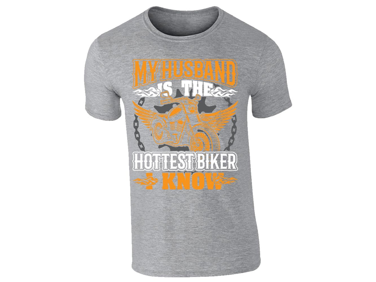 Heather Grey men's T-shirt with “My husband is the hottest biker I know” winged motorcycle design
