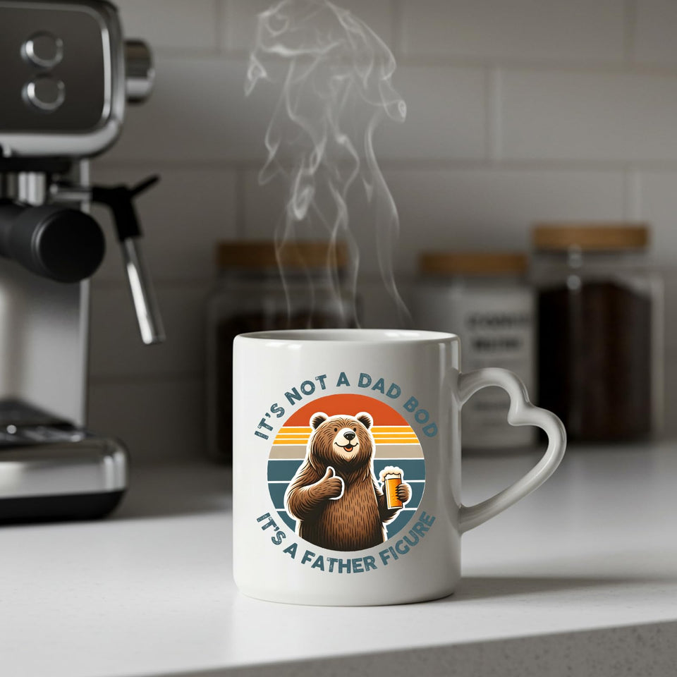 Steaming Dad Bod bear heart-handle mug on a kitchen counter
