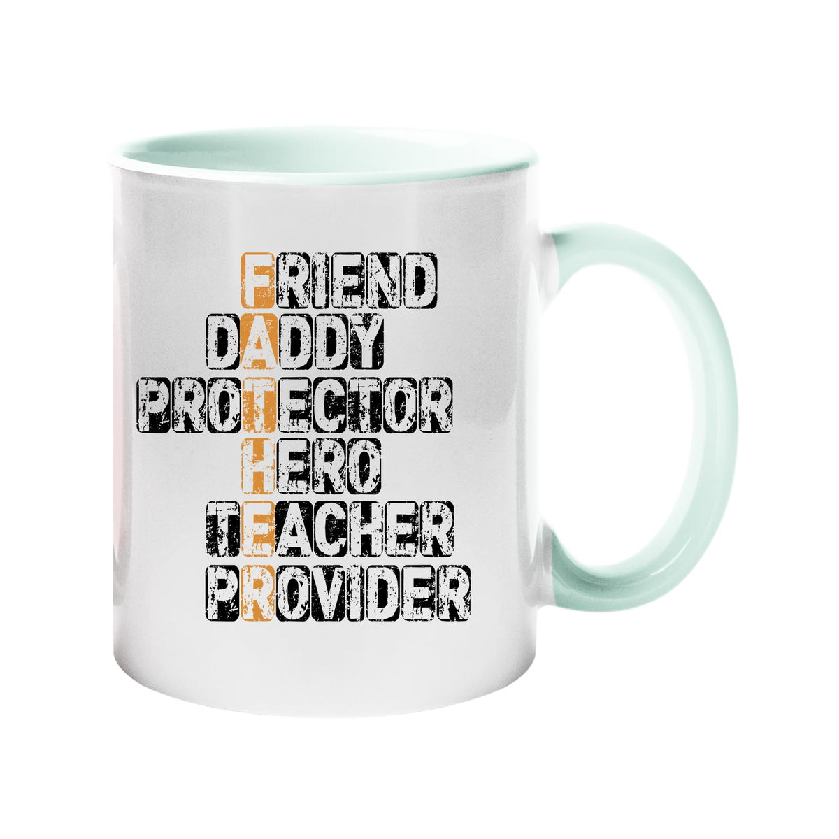 Colour handle mug with a “FATHER” acrostic – friend, daddy, protector, hero, teacher, provider – lime handle and inside
