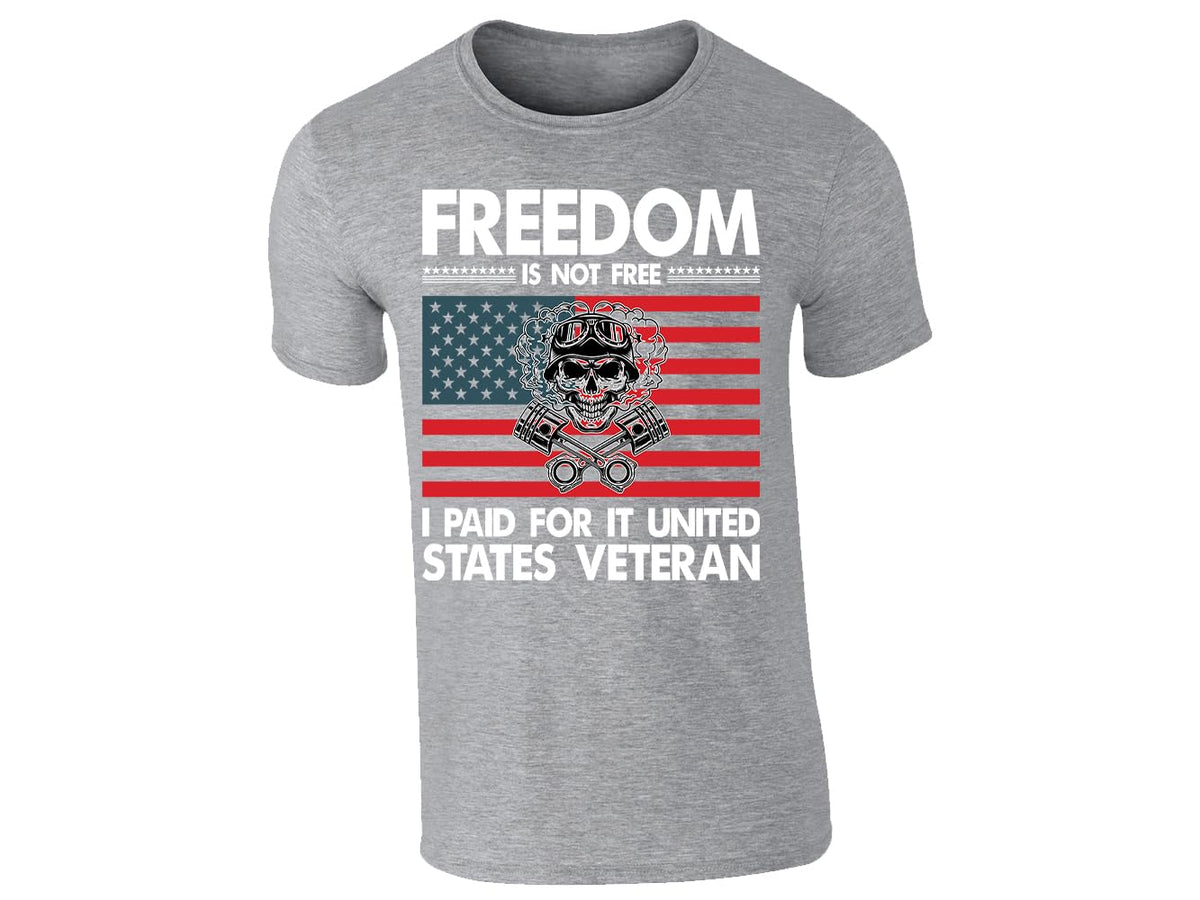 Heather Grey men's T-shirt with “Freedom is not free – United States Veteran” flag design