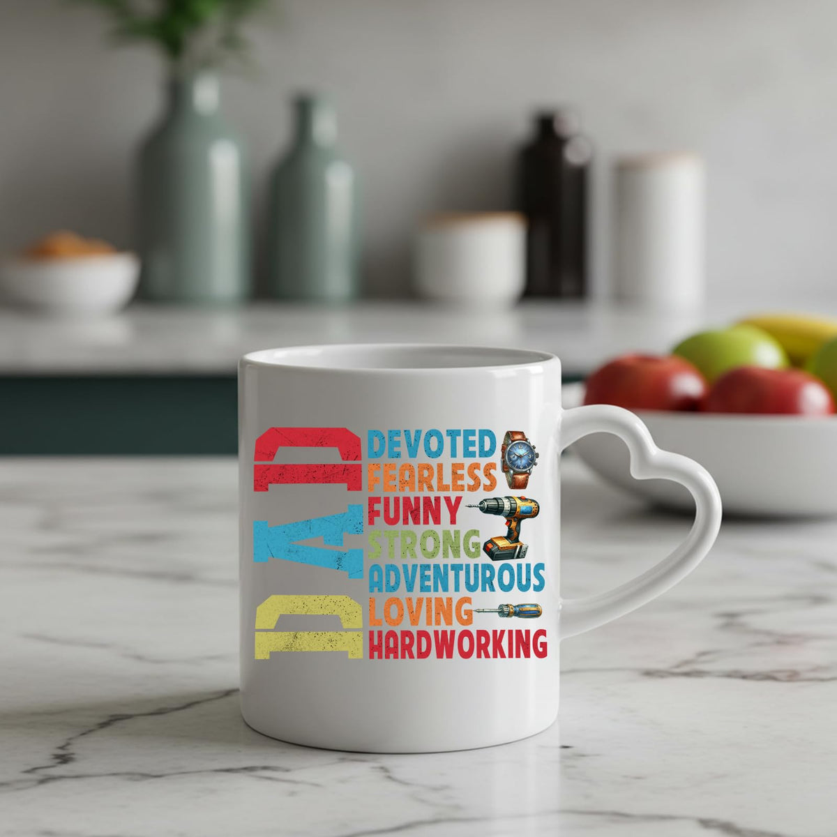 DAD Devoted heart-handle mug on a marble counter with fruit