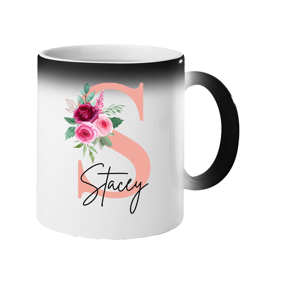 Colour changing mug revealing a blush pink initial with roses and an example name