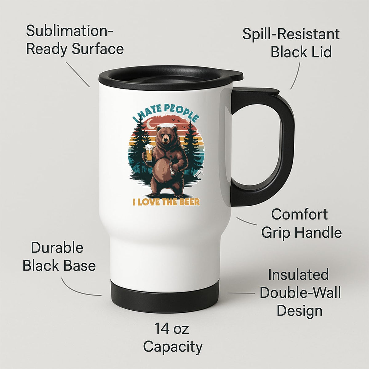 Travel mug with labels for spill-resistant lid, insulated double wall and 14oz capacity